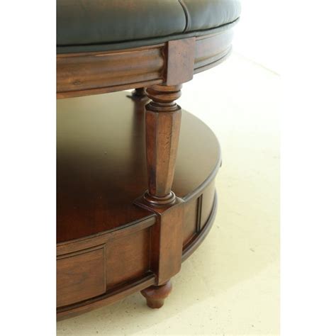 Antique brown leather round button tufted coffee table ottoman not an inch was spared when we tuf. Large Round Tufted Leather Ottoman Coffee Table | Chairish