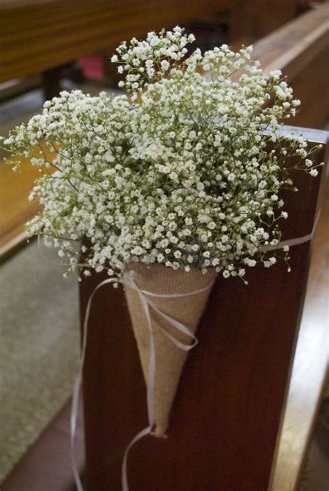 Hessian Cones Filled With Gypsophila Babys Breath Pew Ends Aisle