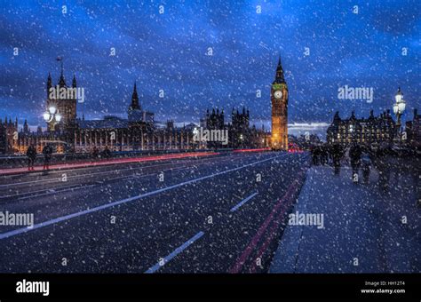 Westminster Bridge In London In The Evening In The Snow Big Ben Is