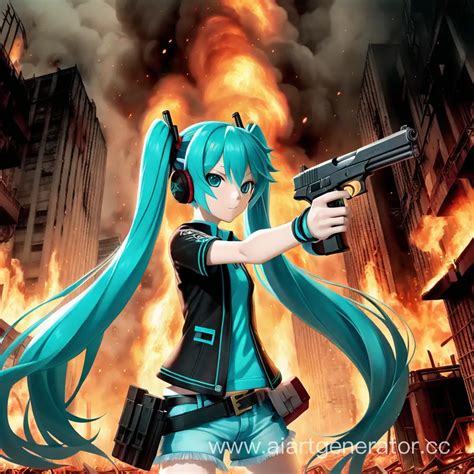 Hatsune Miku Dualwielding Guns Amidst Urban Inferno Ai Art Generator