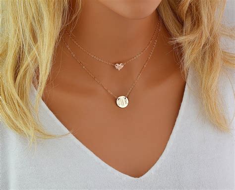 Dainty Layering Necklace Set Delicate Disc Monogram Necklace Etsy Tiny Heart Necklace