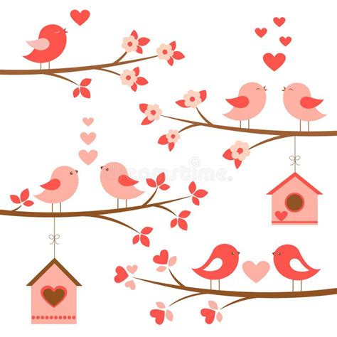 Cute Birds With Red Hearts On Tree Vector Set Stock Vector