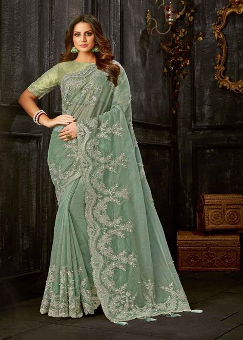 Designer Green Color Heavy Work Tissue Saree Gunj Fashion Saree Designs Trendy Sarees