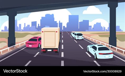 Cartoon Highway Traffic Road To City With Cars Vector Image