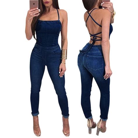 Qmgood Club Sexy Denim Backless Jumpsuit For Women Sleeveless Bandage