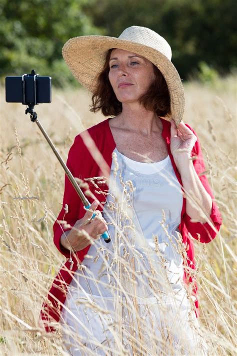 Chic Countryside Selfy For Mature Woman S Vacation Memories Stock Photo Image Of Self Aging