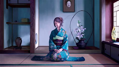 아름다운 일본 애니메이션 소녀 파란색 기모노 방 1920x1440 Hd 월페이퍼 Pxfuel