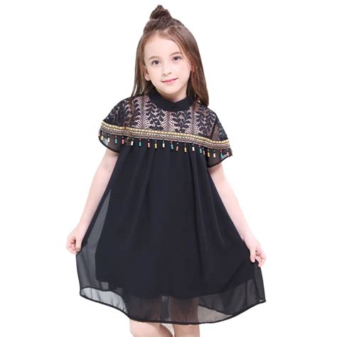 Little Girls Party Dress Black Lace Tassel Chiffon Dress Teenage Girl