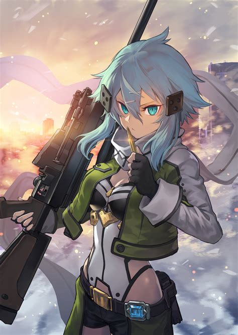Wallpaper Girl With Weapon Sniper Rifle Blue Hair Sinon Sword Art
