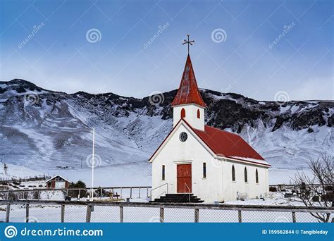 Red Roof Church Winter Scene Stock Photo Image Of