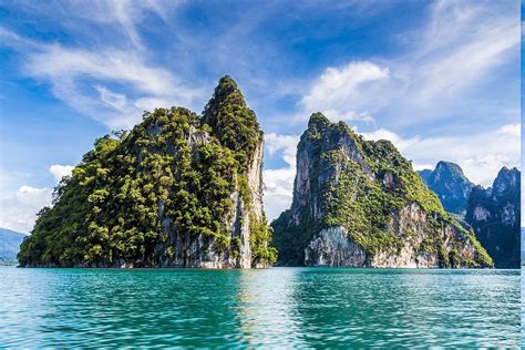 Island Limestone Sea Turquoise Water Tropical Thailand Clouds Cliff