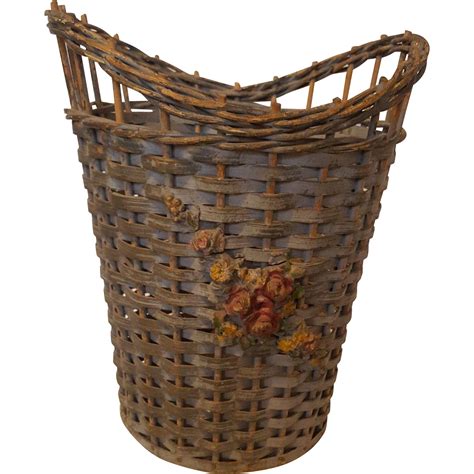 Vintage Wicker Basket With Barbola Flowers Gesso Circa 1920s Vintage Wicker Baskets Vintage