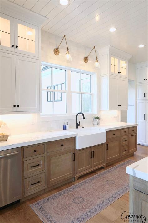 Love The Wood Lower Cabinets With White Upper Cabinets Shiplap Ceiling