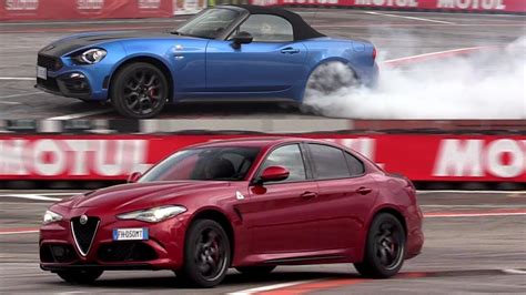 124 Abarth Vs Alfa Romeo Giulia Quadrifoglio Acceleration Smoking Tires Powerslides And Sound