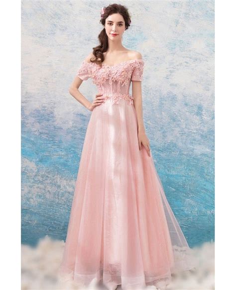 Pearl Pink Long Tulle Lace Formal Prom Dress With Off Shoulder Sleeves