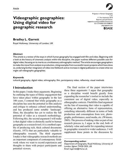Pdf Videographic Geographies Using Digital Video For Geographic Research