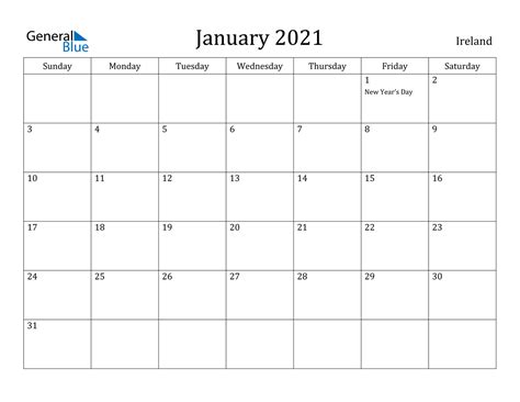 Create your own monthly calendar with holidays and events. January 2021 Calendar - Ireland