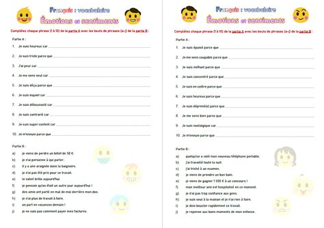 Français Exercice Sur Les émotions Et Sentiments Compléter Des