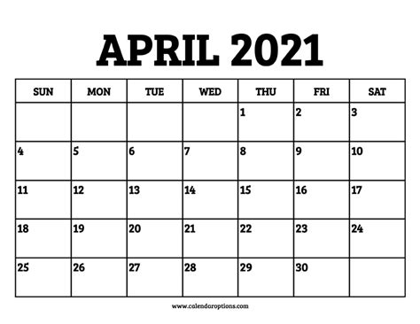 April 2021 Calendar Printable Calendar Options