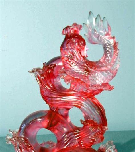 Vintage Liuligongfang Art Glass Sculpture Koi Riding Waves