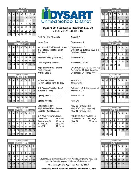 2018 2019 District Calendar Dysart Unified School District 89