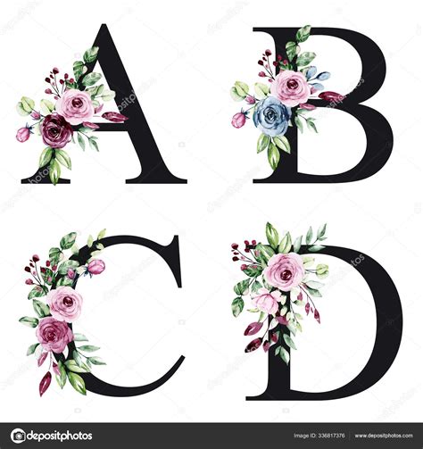 Alfabeto Floral Letras Con Flores Acuarela Diseño Arte Creativo