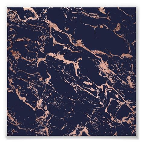 Cool Navy Blue Rose Gold Marble Pattern Photo Print In