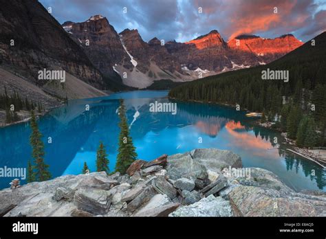 Lake Moraine By Sunrise Banff National Park Alberta Canada Stock