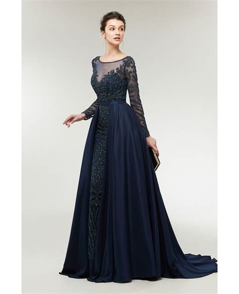 All Beading Navy Blue Slim Prom Dress With Sleeves Cape