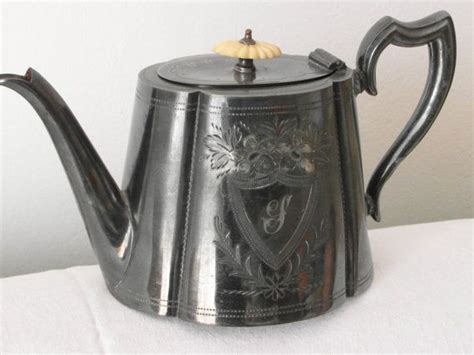 Antique Sheffield Pewter Silver Plated Teapot With Monogram And