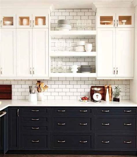 Black Lower Kitchen Cabinets With White Upper Cabinets With Subway Tile