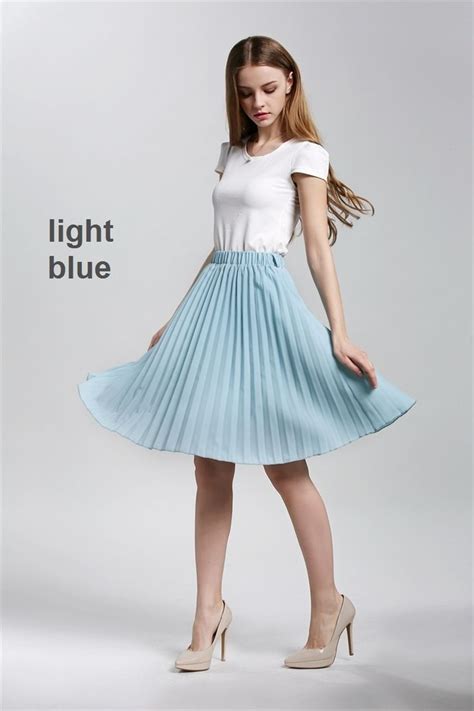 New Light Blue Pleated Elastic Waist Knee Length Women Skirt Spring