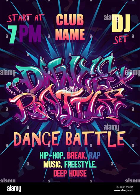 Dance Battle Party Poster Neon Light Graffiti Design Concept Stock