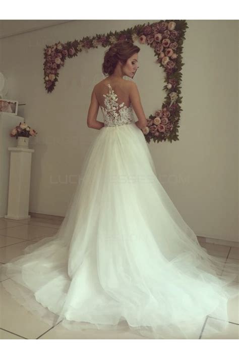 Layered tulle wedding dresses are one of the hottest 2017 wedding trends, and this isn't surprising because such dresses will make you look breathtaking. Lace Tulle Illusion Neckline Wedding Dresses Bridal Gowns ...