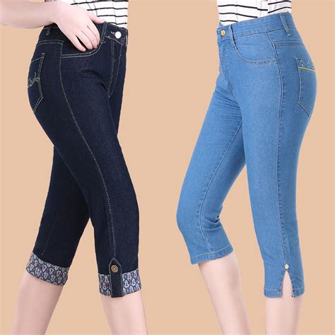 stretch high waist jeans women raw hem denim capris slim solid color pocket skinny pants knee