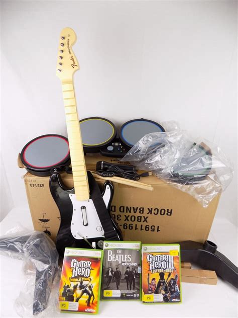 Like New Boxed Xbox 360 Guitar Hero Rock Band Bundle Drum Guitar 3x Game Ebay