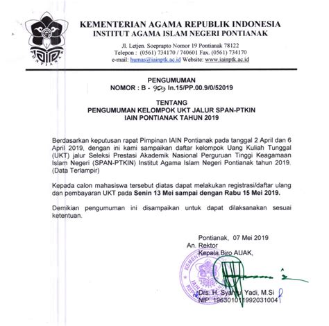 Banyak netizen bertanya, jam berapa pengumuman span ptkin 2021? Pengumuman Kelompok UKT Jalur SPAN-PTKIN IAIN Pontianak Tahun 2019 | Akademik IAIN Pontianak