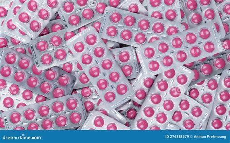 Full Frame Heap Of Round Pink Tablets Pills In Blister Pack