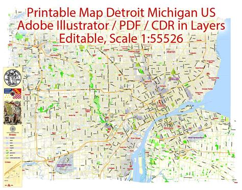 Detroit Pdf Map Editable Michigan Us Exact Vector City Plan Adobe Pdf