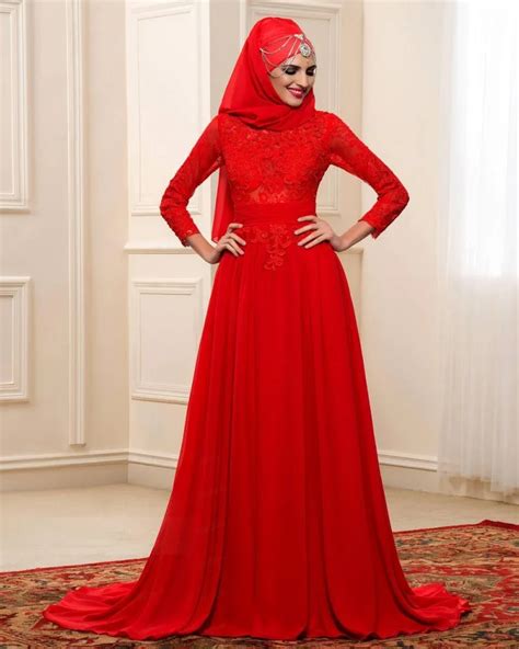 2016 Red Lace Chiffon Muslim Wedding Dresses With Hijab Bowknot Long Sleeves A Line Wedding