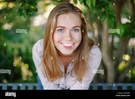 Closeup Portrait Of Beautiful Smiling White Caucasian Girl Woman With