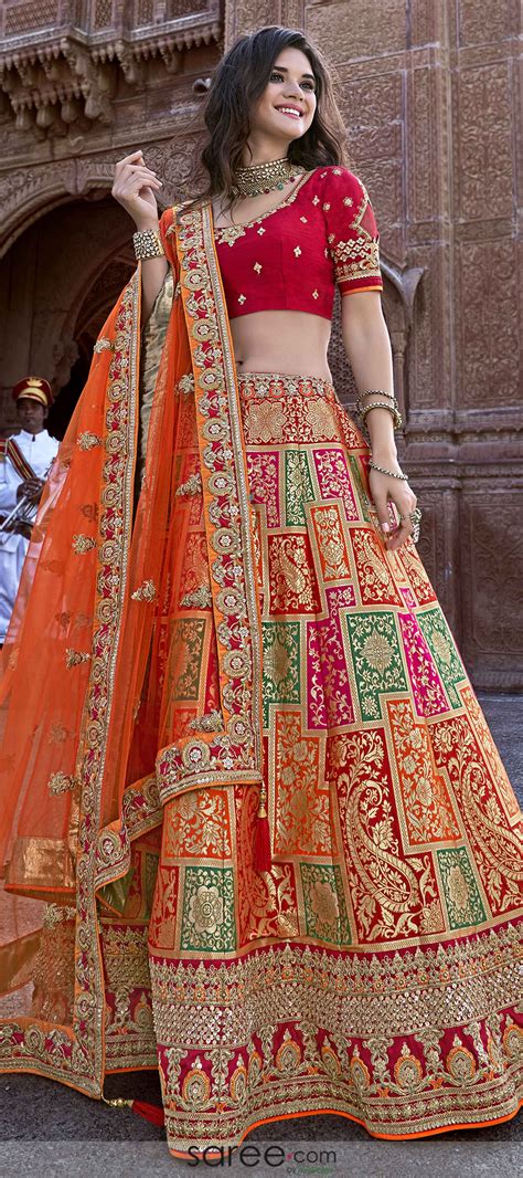 Red And Orange Banarasi Silk Lehenga Choli With Embroidered Border Indian Wedding Dress