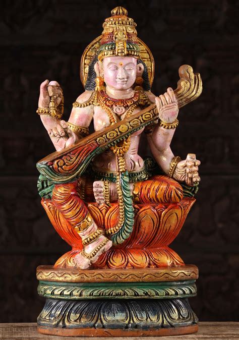 Wooden Hindu Goddess Of Wisdom Saraswati Statue Playing The Veena 24