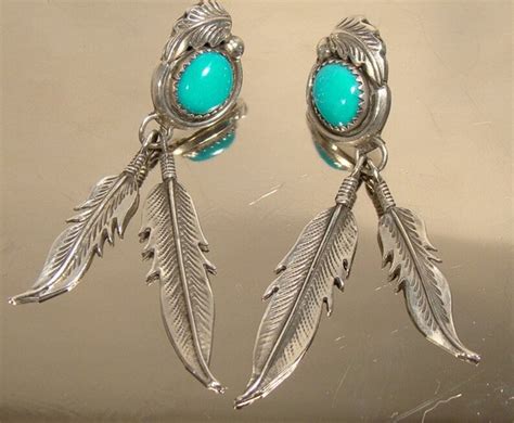 Sterling Silver Turquoise Navajo Feathers Earrings Signed Rb Etsy