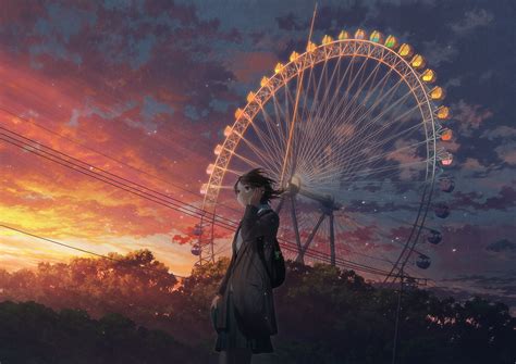 Anime Girls Anime Ferris Wheel Sky Clouds Wallpaper Resolution