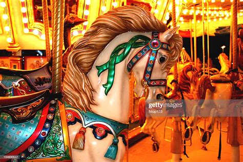 Amusement Park Carousel Ride Night Horses Colorful High Res Stock Photo