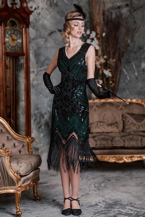 Dark Green 1920s Sequined Flapper Dress Retro Stage Chic Vintage