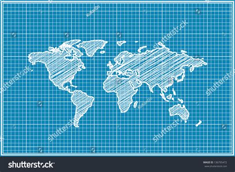 Scribble Sketch World Map On Blueprint Stock Vector 136795472