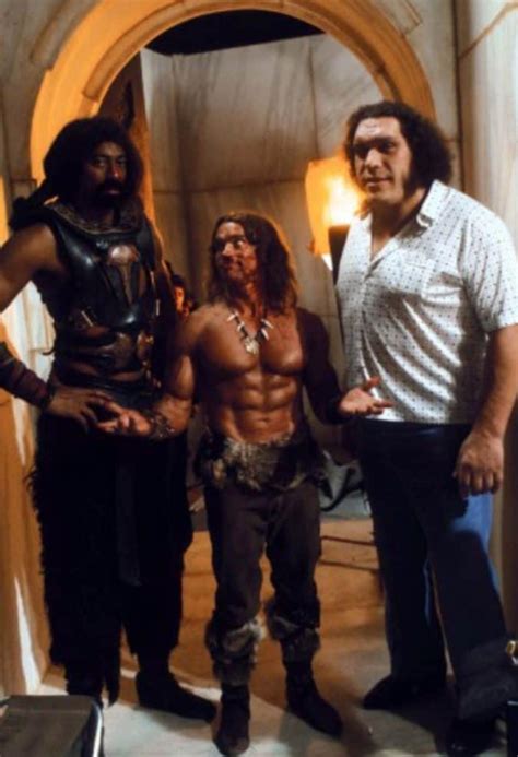Arnold Schwarzenegger Wilt Chamberlain And Andre The Giant On The Set Of Conan The Destroyer