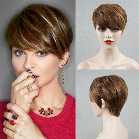 Brown Human Hair Pixie Wigs For White Women Short Blonde Etsy